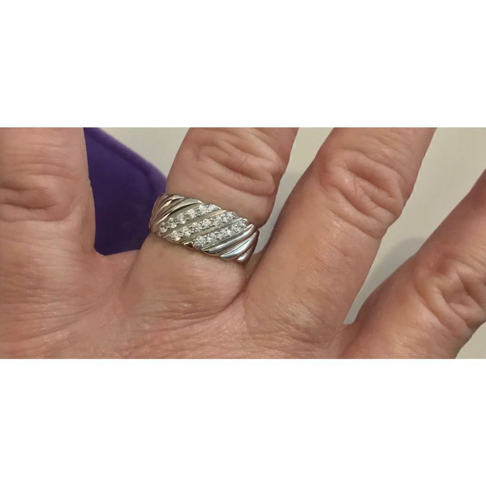 Pretty .925 Sterling Ridged Triple Diagonal Sim Diamond Band Ring Sz 8 - Picture 4 of 5